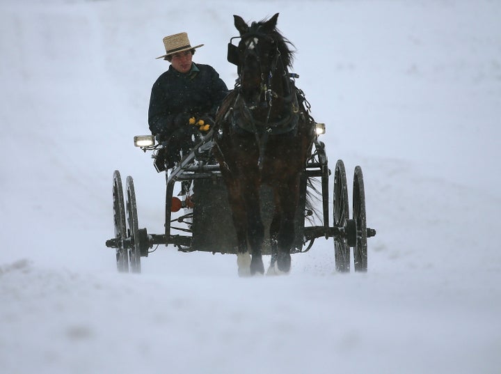 An Amish man drives his buggy through heavy snow and wind Jan. 23, 2016 in Mechanicsville, Maryland.