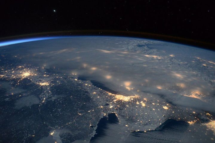 A late January blizzard which dumped several feet of snow across the East Coast is seen from the International Space Station.