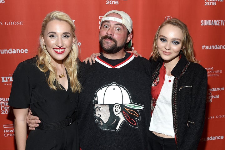 Harley Quinn Smith, director Kevin Smith and Lily-Rose Depp attend the 'Yoga Hosers' premiere at Sundance on Jan. 24, 2016 in Park City, Utah.