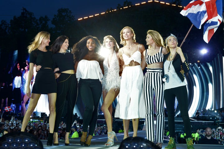Martha Hunt, Kendall Jenner, Serena Williams, Taylor Swift, Karlie Kloss, Gigi Hadid and Cara Delevingne perform onstage duri