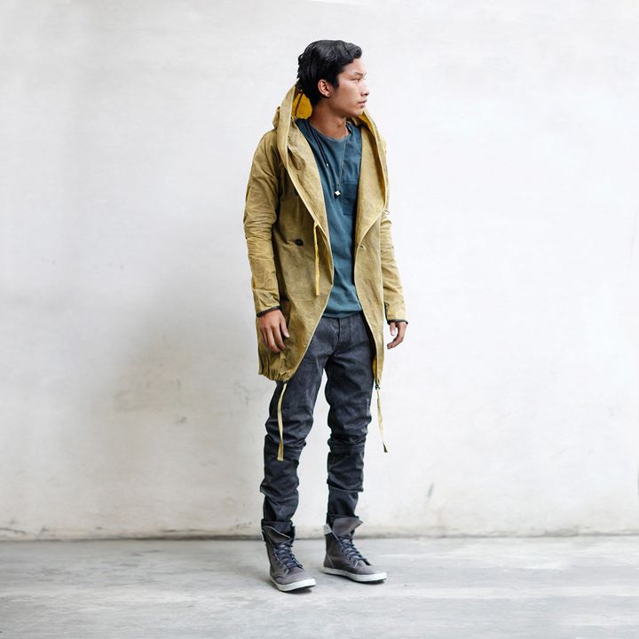 Heathen Clothing, based in Los Angeles, makes a great hand-dyed beeswax trench coat.