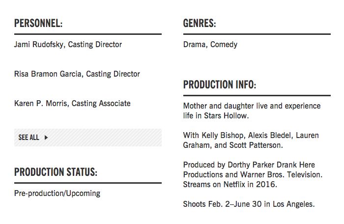A screengrab from a production listing on Backstage.com for Netflix's "Gilmore Girls" revival. 
