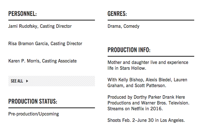 A screengrab from a production listing on Backstage.com for Netflix's "Gilmore Girls" revival.