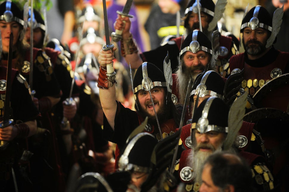 Participants gather in Viking attire for the annual Up Helly Aa festival in Lerwick, Shetland Islands, on