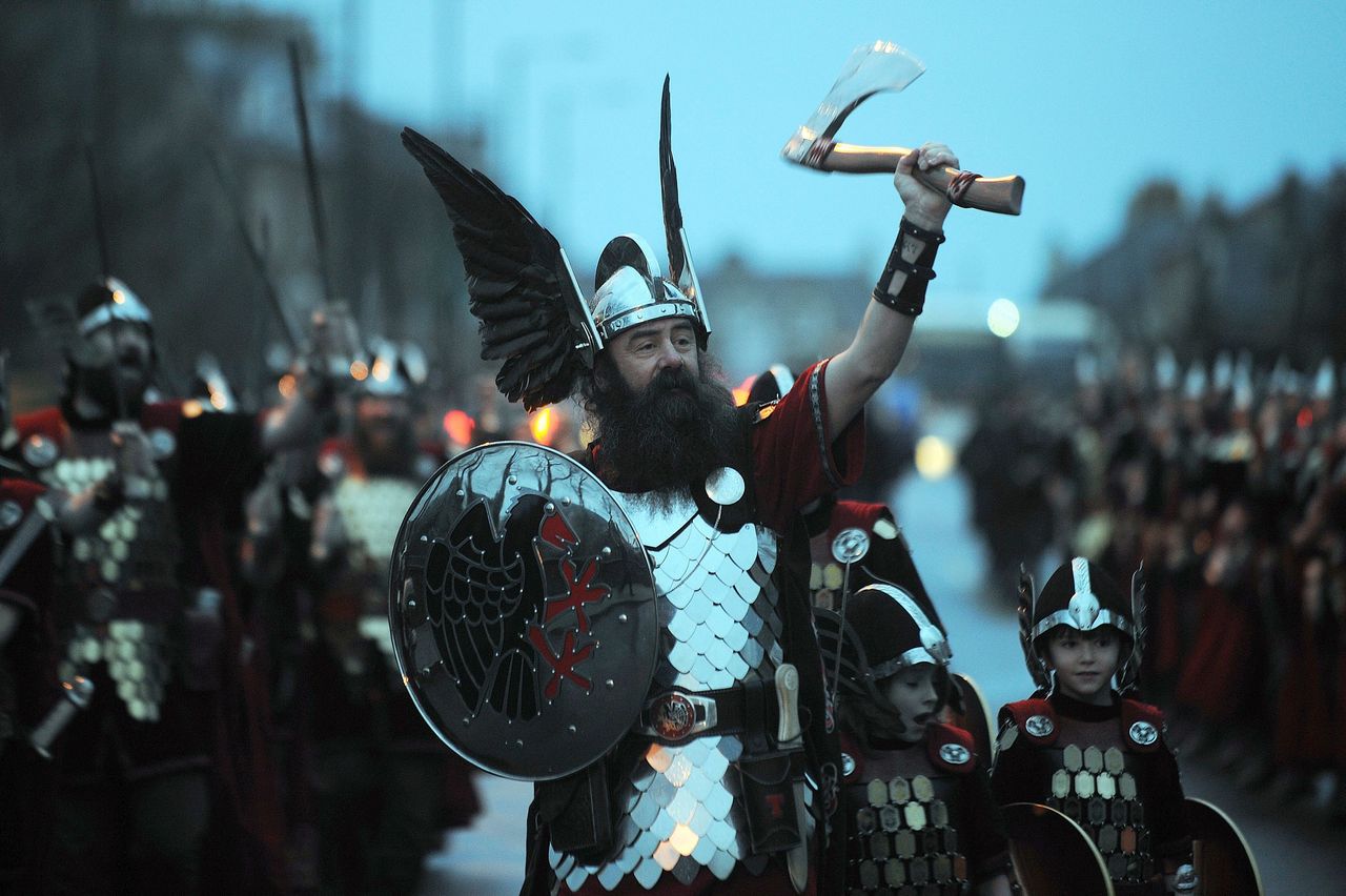 Participants dressed as Vikings fill the street for the annual Up Helly Aa festival in Lerwick, Shetland Islands, on Jan. 26, 2016.