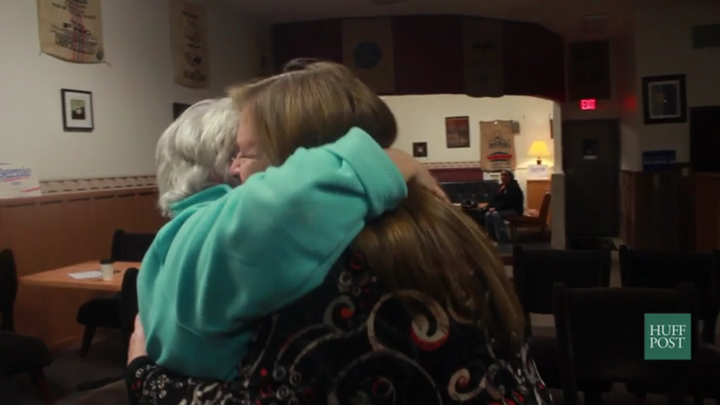 Jane Sanders embraces a supporter in a hug after a campaign event in Storm Lake, Iowa on January 19, 2016.