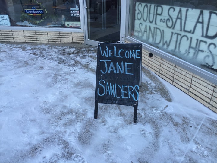 A sign displayed in front of a cafe in Storm Lake, Iowa, where Jane Sanders held a campaign event on January 19, 2016.