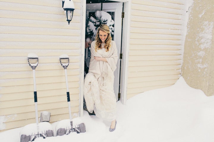 Bride Joanna braving the cold.