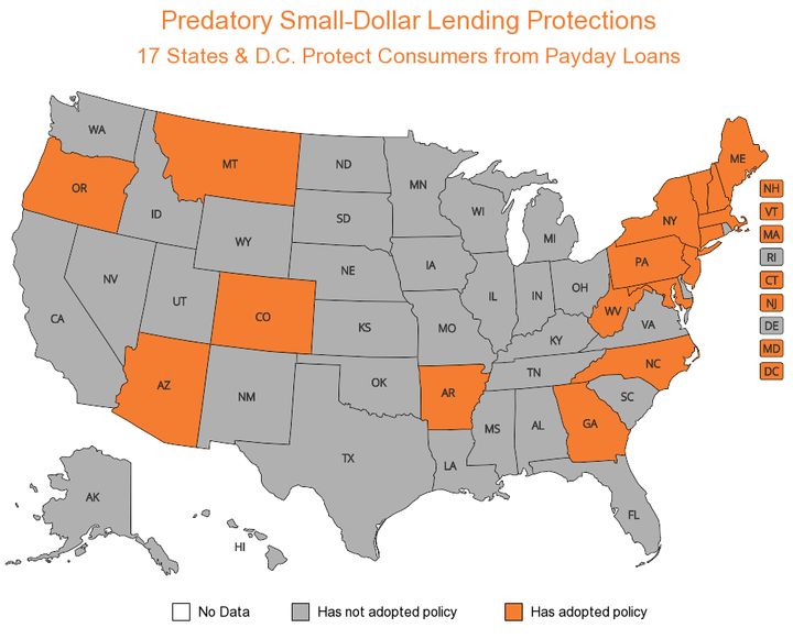 Just 17 states have some form of consumer protection against small-dollar predatory loans.
