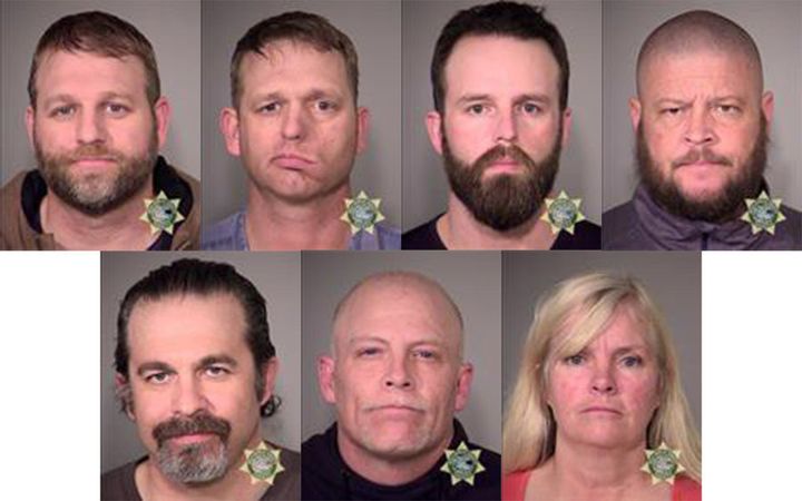In this composite with handout images provided by the Multnomah County Sheriff's Office, suspects (top from left) Ammon Bundy, Ryan Bundy, Ryan Waylen Payne, Brian Cavalier, and (bottom from left) Peter Santilli, Joseph Donald O'Shaughnessy, and Shawna Cox pose for mugshot photos after being arrested by U.S. Marshals Tuesday in Oregon.
