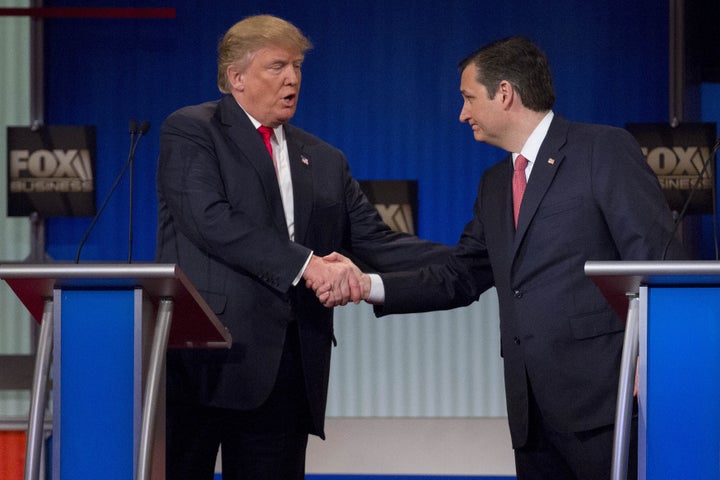 Donald Trump shakes hands with Sen. Ted Cruz (R-Texas) during a GOP presidential candidate debate earlier