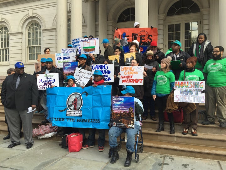 Members of Picture the Homeless on the steps of New York City Hall on the morning of Jan. 27, 2016. They announced the rollout of "Gaining Ground," a proposal for permanent low-income housing for the city's homeless.