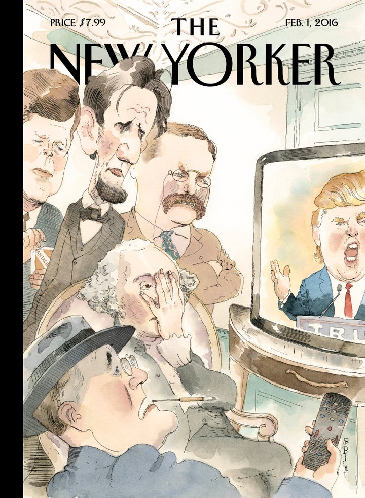 In this New Yorker cover illustration, past U.S. presidents watch GOP front-runner Donald Trump on TV -- and do not like what