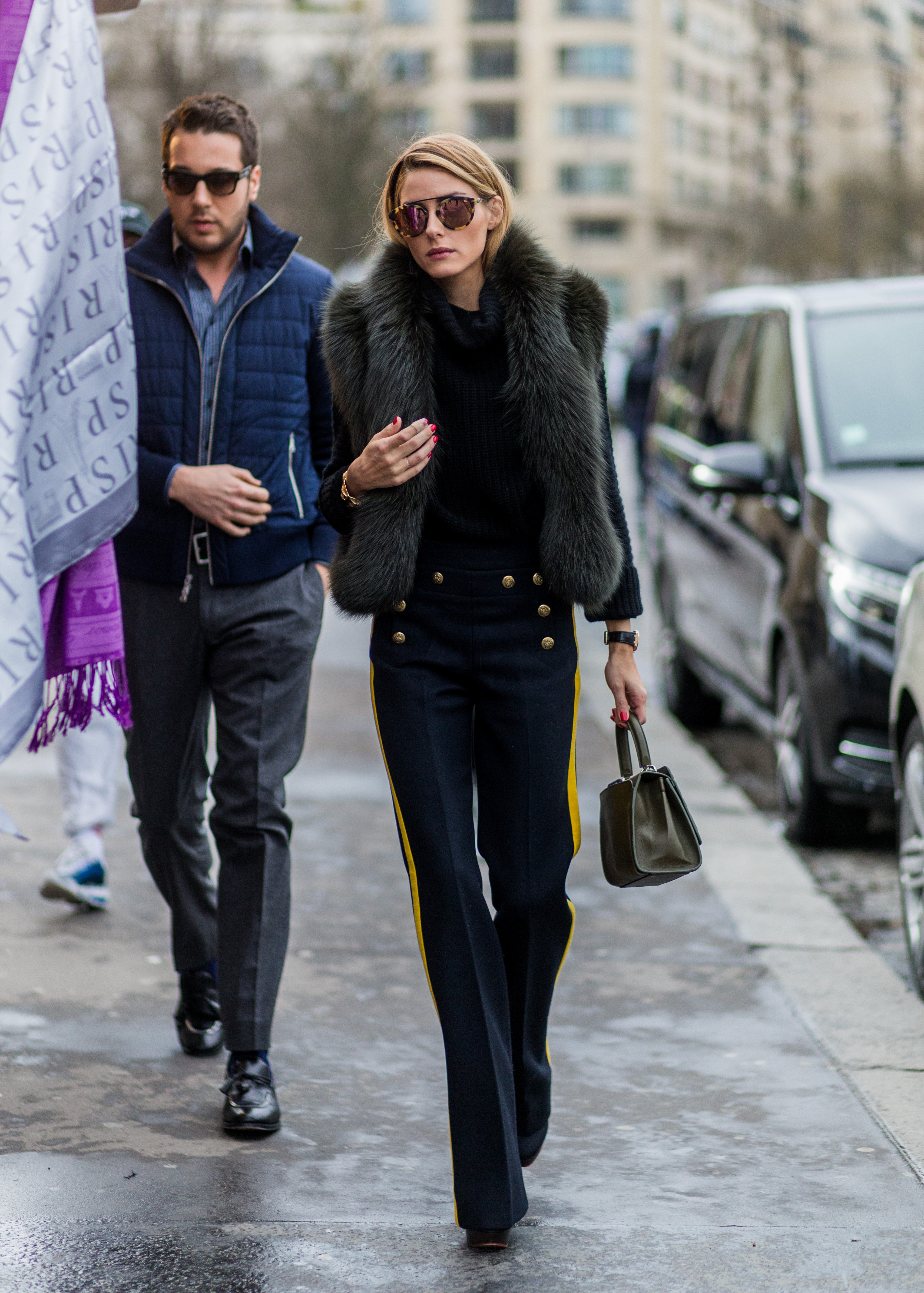 Olivia Palermo is seen wearing black high-waist trousers, a white... News  Photo - Getty Images
