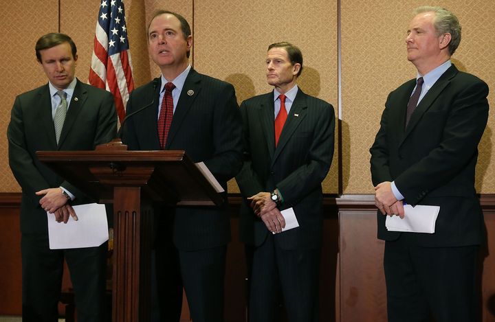 Chris Murphy (D-CT), Rep. Adam Schiff (D-CA), Sen. Richard Blumenthal (D-CT) and Rep. Chris Van Hollen (D-MD), discuss a bill Wednesday to ensure that victims of gun violence are allowed to have their day in court and that industry manufacturers, sellers and interest groups are not shielded from liability when they act with negligence and disregard for public safety.