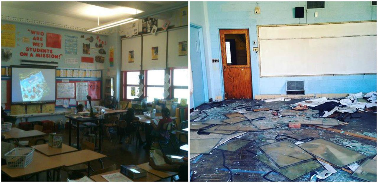Emma Howland-Bolton taught at Mason Elementary in Detroit before the building was closed in 2012. On the left, her fifth-grade classroom while she was teaching; on the right, the room shows wear three years after the closure.