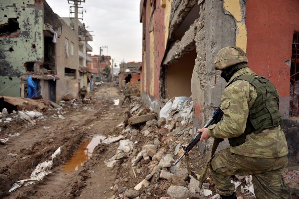 Turkish security forces patrol Cizre District on Saturday. Turkey's battle against Kurdish militants reignited last summ