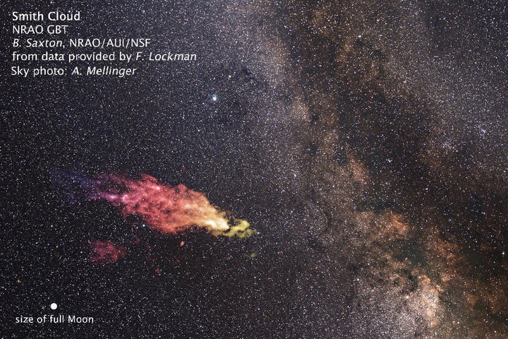 This visualization of the Smith Cloud shows its size compared to the size of the Earth's moon.