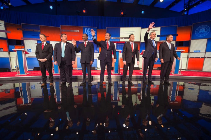 Republican Presidential candidates (L-R) Senator Rand Paul, New Jersey Gov. Chris Christie, retired neurosurgeon Ben Carson,