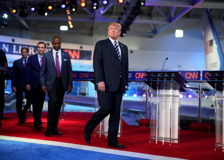 Republican presidential candidate Donald Trump, followed by several rivals, walks onstage for the presidential candidates at the Reagan Library on Sept. 16, 2015, in Simi Valley, California. A new HuffPost/YouGov survey of GOP activists finds that he's increasingly seen as electable.