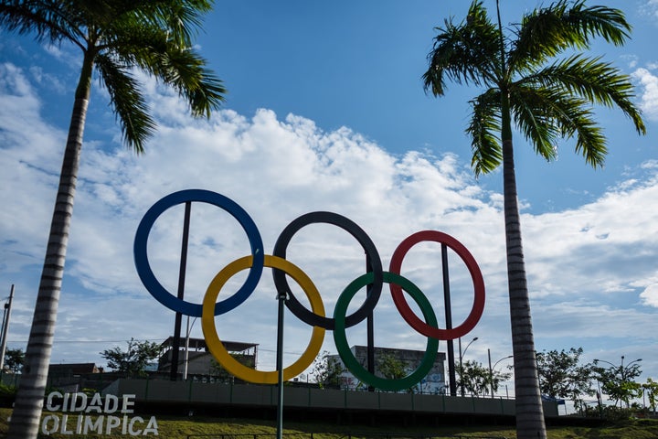 The Olympic rings in Madureira Park, the third largest park in Rio de Janeiro, Brazil, on July 1, 2015 -- 400 days ahead of t