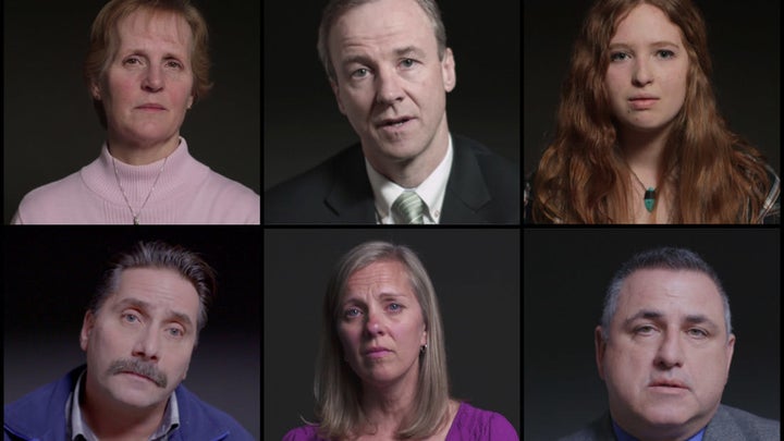 Some of the subjects of the film, including (clockwise from top left) the school's nurse, a doctor, a teacher's daughter, the school's custodian, a victim's neighbor and a state trooper. 