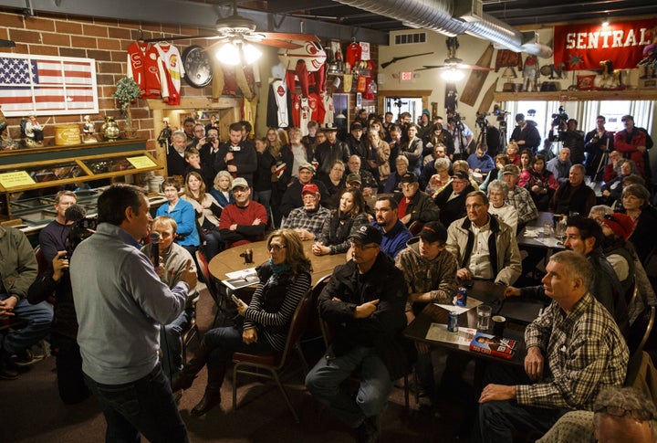 Sen. Ted Cruz speaks at a restaurant in Fenton, Iowa.