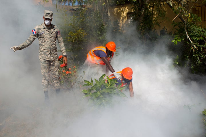 The virus has spread to 23 countries and territories in the Americas. Here the Dominican Air Force fumigates parts of Santo Domingo against Zika virus-spreading mosquitoes last week.