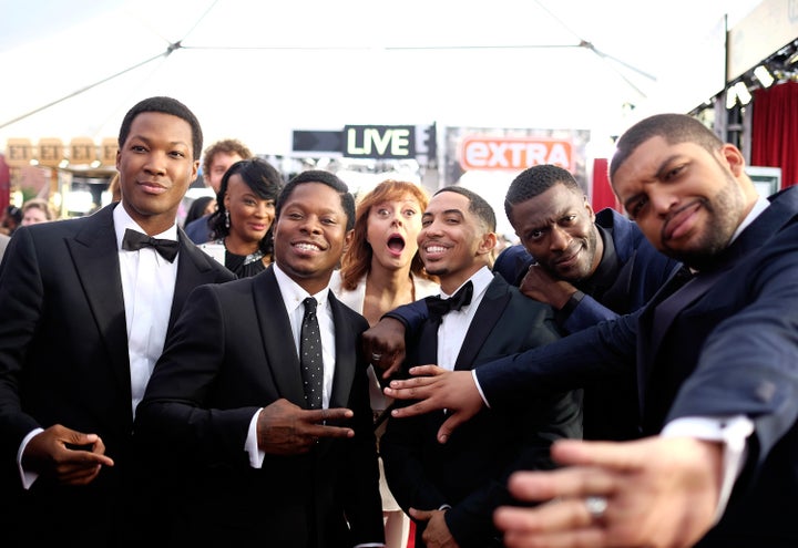 Susan Sarandon photobombs the cast of "Straight Outta Compton" during the SAG Awards red carpet on Jan. 30.