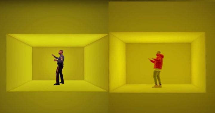 A University of Delaware police officer, left, mimics Drake's dance moves, right, in their "Hotline Bling" parody, "Copline Bling."