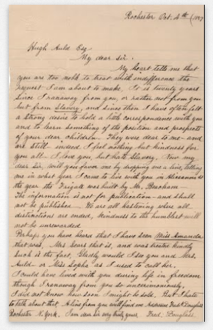 Frederick Douglass wrote this letter addressed to his slave master, Hugh Auld, in 1857.