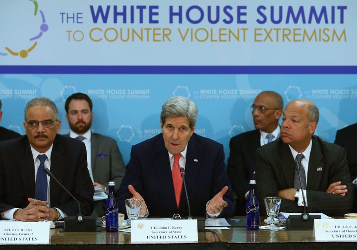 Secretary of State John Kerry, former Attorney General Eric Holder and Homeland Security Secretary Jeh Johnson speak at the White House Summit on Countering Violent Extremism on Feb. 18, 2015.