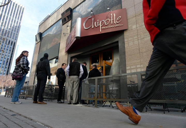 Patrons of the Chipotle restaurant at 1600 California line up for lunch Jan. 6, 2015. The chain is closing all its restaurants for several hours on Feb. 8 for a food safety meeting.