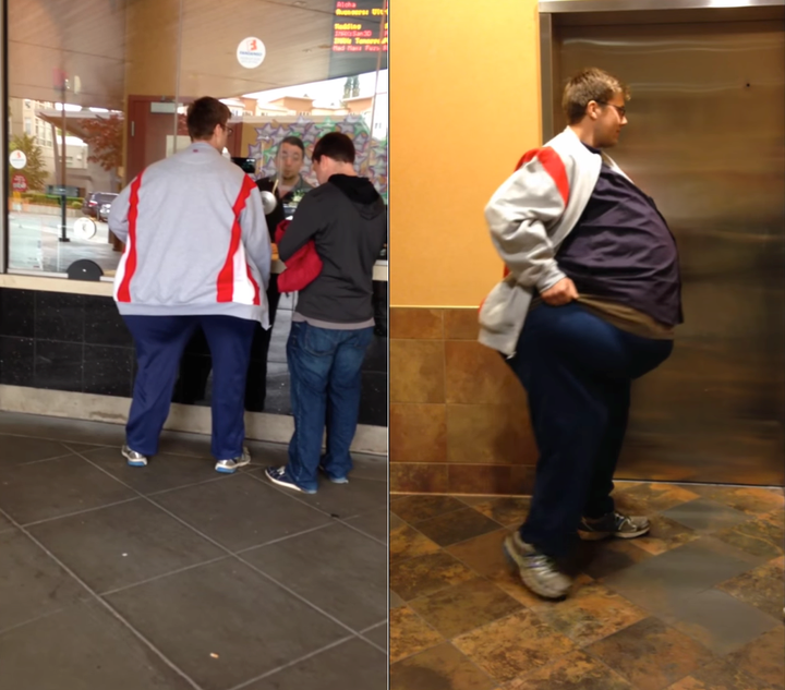 Two men are seen sneaking into a movie theater with one ticket thanks to a clever disguise beneath a pair of jumbo-sized pant