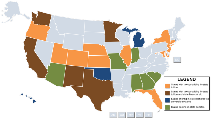 Georgia is among the six U.S. states (colored green) that denies in-state tuition benefits to undocumented students.