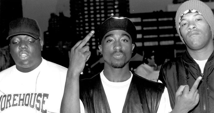 Rappers Biggie Smalls, Tupac Shakur and Redman (left to right) pose backstage at the Palladium on July 23, 1993.