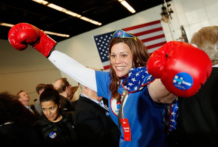 Kim Frederick of Houston, Texas arrives for the caucus night event of Democratic presidential candidate former Secretary of State Hillary Clinton in the Olmsted Center at Drake University on Feb. 1, 2016 in Des Moines, Iowa.