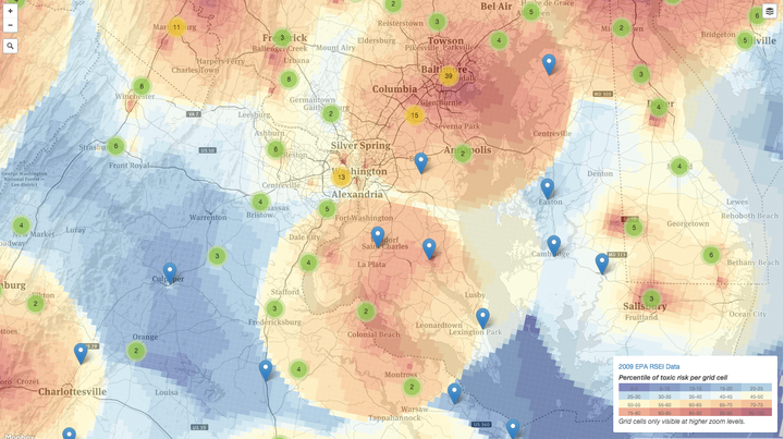 A heat map showing the locations of industrial polluters.