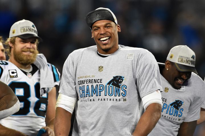 Cam Newton celebrates defeating the Arizona Cardinals in the NFC Championship Game.