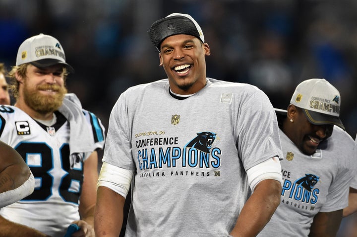 Cam Newton celebrates defeating the Arizona Cardinals in the NFC Championship Game.