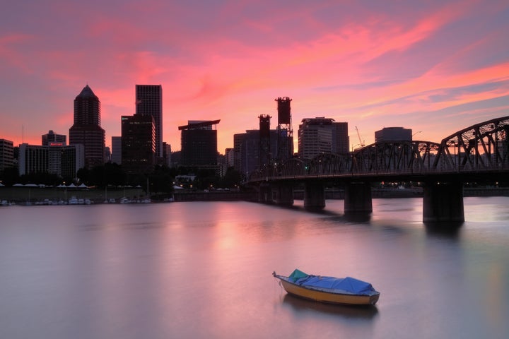 Portland Skyline and Hawthorne Bridge at sunset.