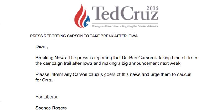 Ted Cruz presidential campaign sent an email ahead of Monday's Iowa caucuses suggesting that Ben Carson was dropping out of the presidential race.