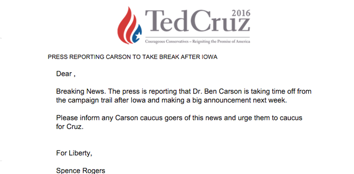 Ted Cruz presidential campaign sent an email ahead of Monday's Iowa caucuses suggesting that Ben Carson was dropping out of the presidential race.