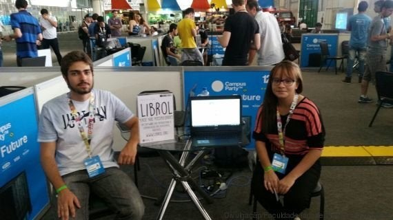 Andrew Ivo, left, and Raira Carvalho, right, are two of the creators of Librol, a translation software that renders standard Portuguese into written Brazilian Sign Language.