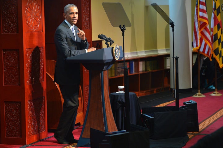 President Barack Obama speaks at the Islamic Society of Baltimore Feb. 3, 2016 in Windsor Mill, Maryland.