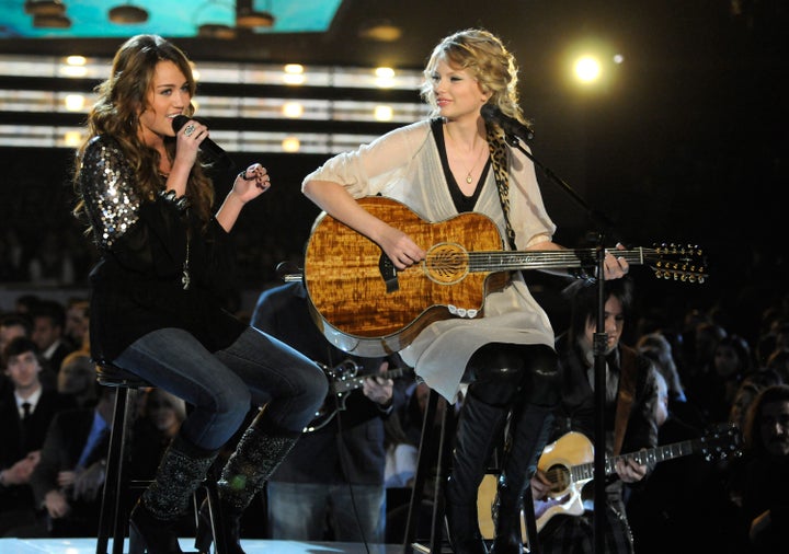 Miley Cyrus and Taylor Swift perform at the 51st Annual GRAMMY Awards at the Staples Center on Feb. 8, 2009, in Los Angeles,