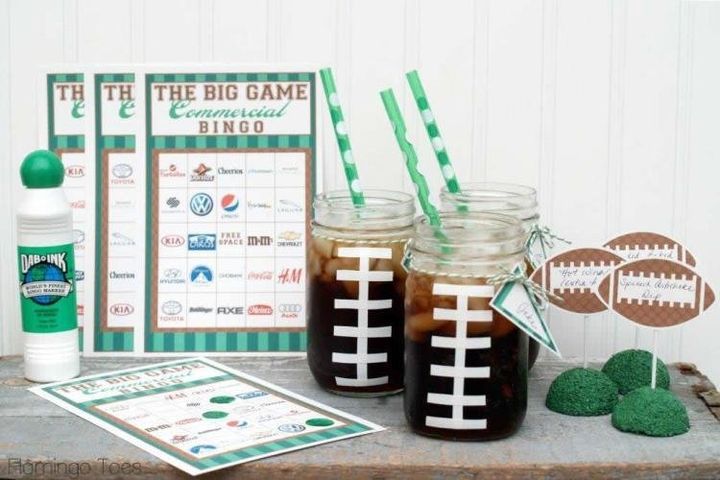Master this adorable DIY by Flamingo Toes by using tape to create football laces for your mason jars.