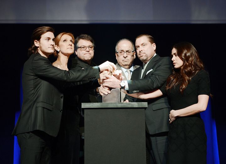 Rene-Charles Angelil, Celine Dion, Patrick Angelil, Andre Angelil, Jean-Pierre Angelil and Anne-Marie Angelil attend Rene Angelil's memorial ceremony at the Colosseum at Caesars Palace on February 3, 2016 in Las Vegas, Nevada.