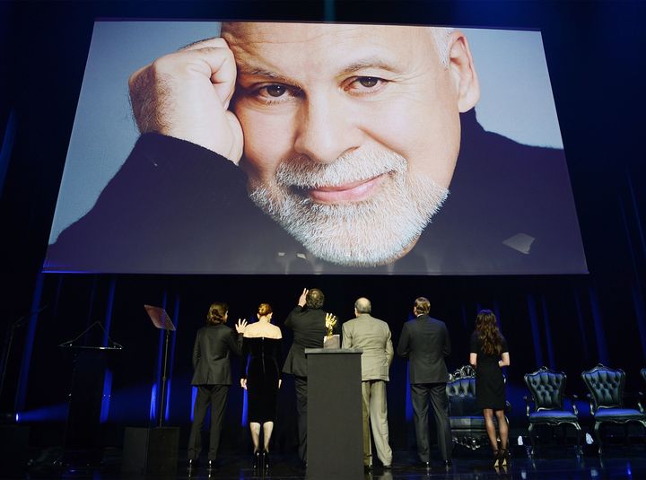 Rene-Charles Angelil, Celine Dion, Patrick Angelil, Andre Angelil, Jean-Pierre Angelil and Anne-Marie Angelil attend Rene Angelil's memorial ceremony at the Colosseum at Caesars Palace on February 3, 2016 in Las Vegas, Nevada