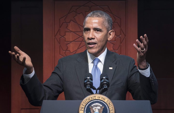 President Barack Obama speaks at the Islamic Society of Baltimore in Windsor Mill, Maryland, Feb. 3, 2016.